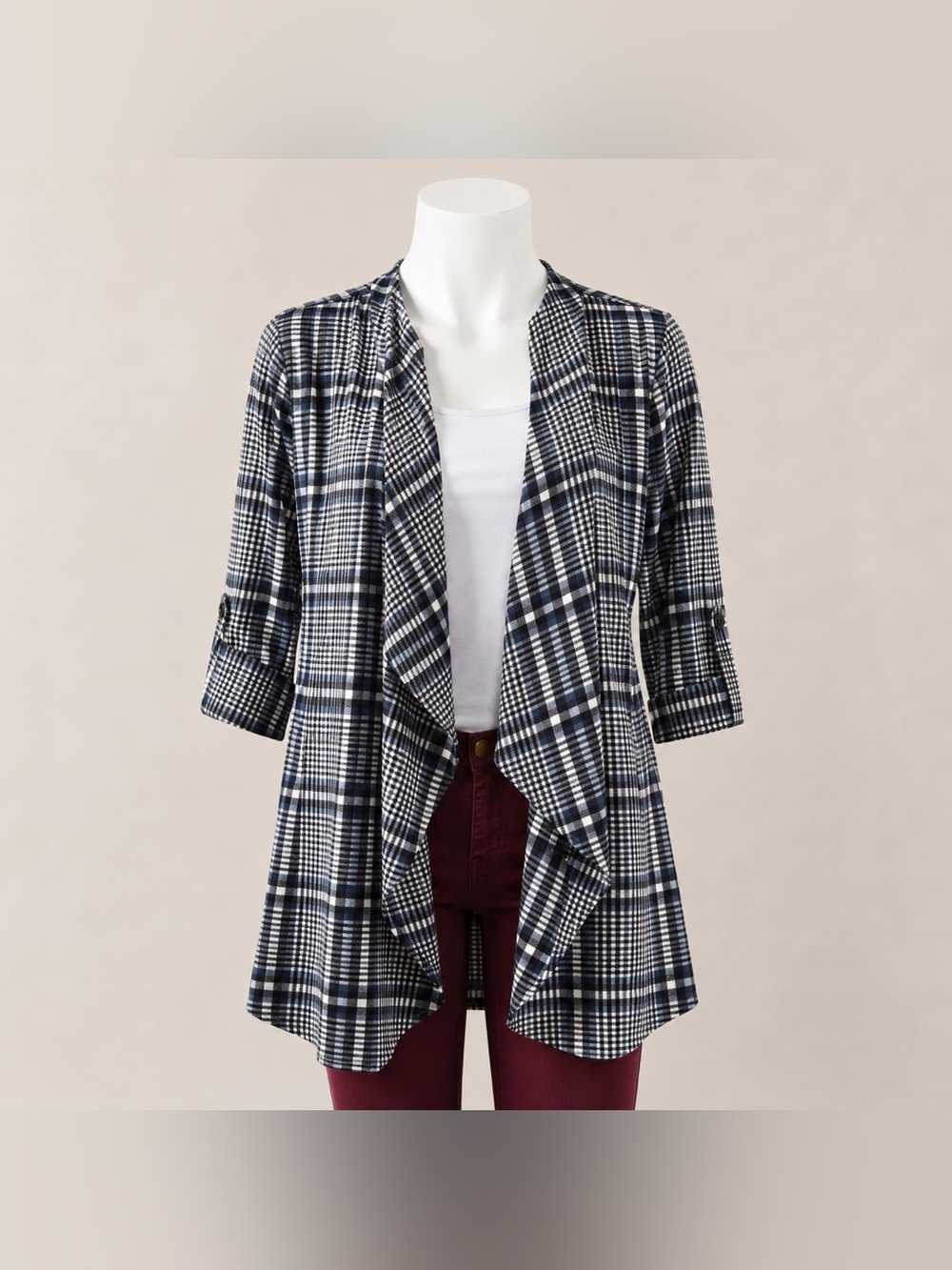 SHEIN Curve Black Blue White Plaid Open Front Cardigan Duster 4XL